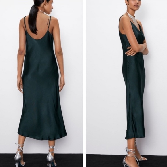 Zara satin effects slip dress dark green NWT - Picture 5 of 5